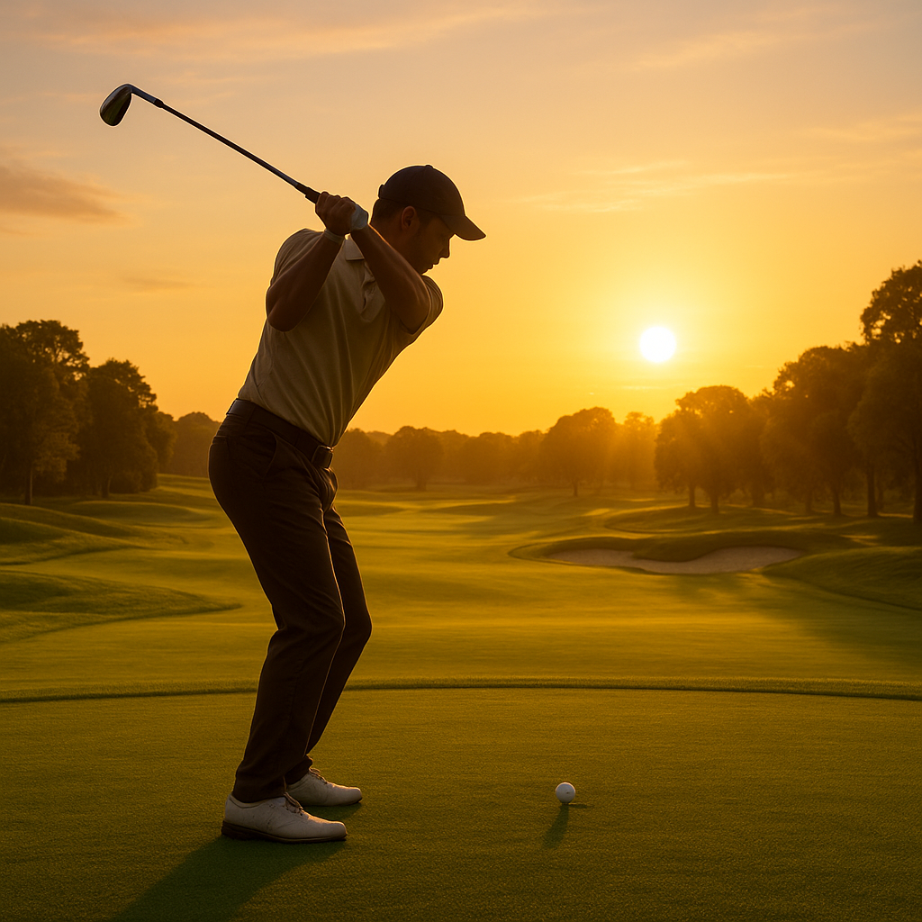 Golfer mid-swing at sunset
